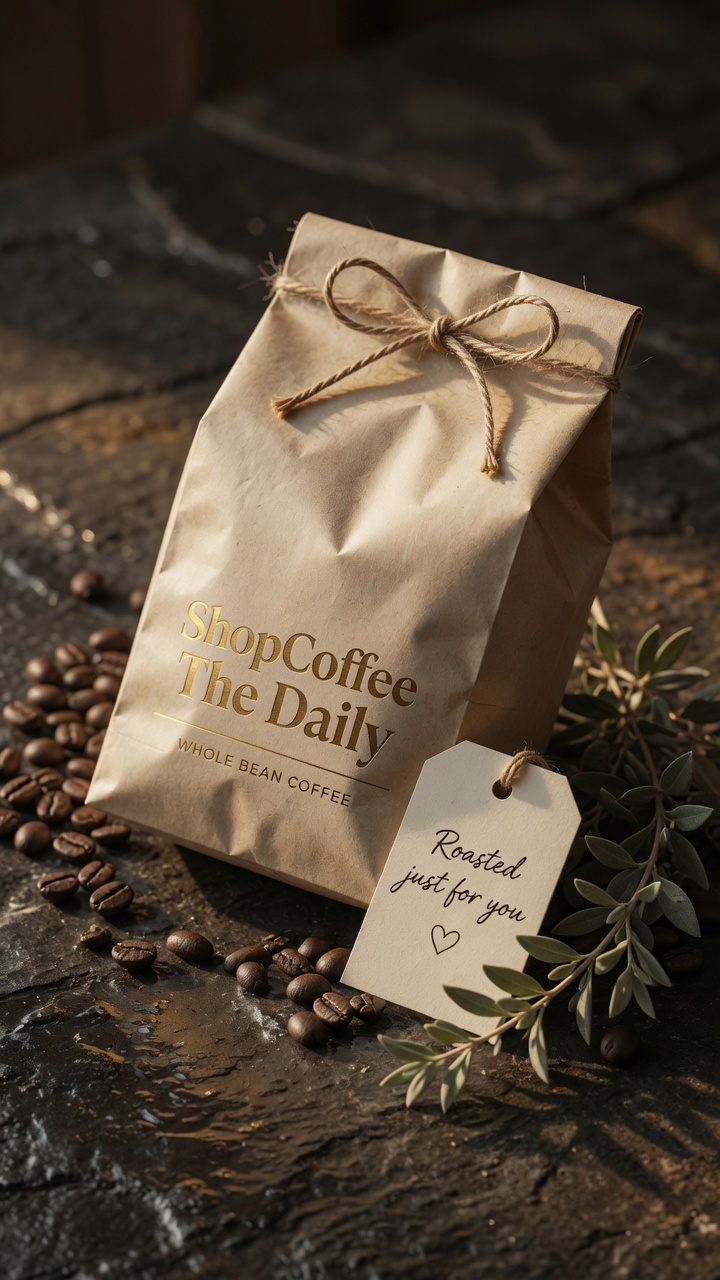 A ShopCoffee 'The Daily · Medium Roast' bag wrapped in unbleached kraft paper with a twine bow and a handwritten tag reading 'Roasted just for you'