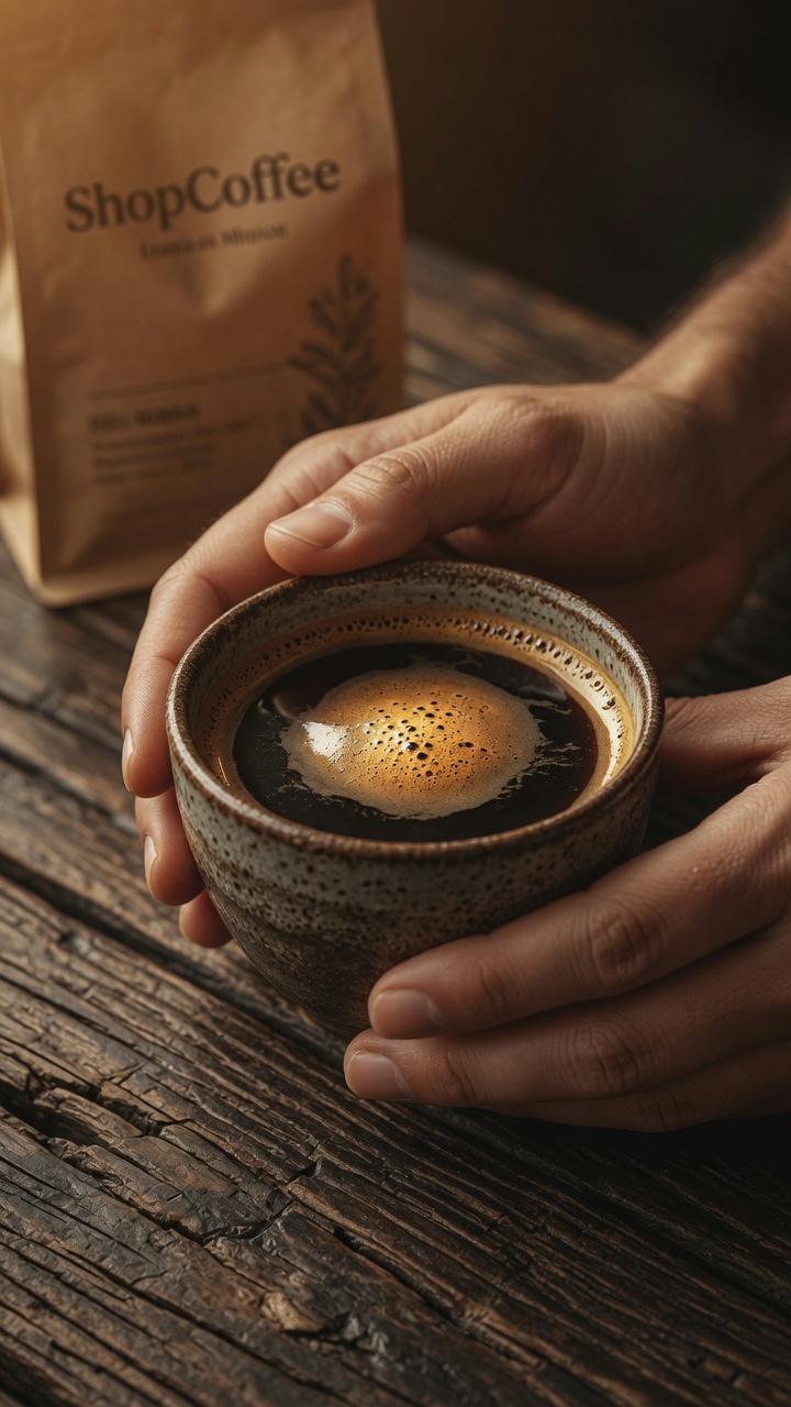 A hand holding The Daily · Medium Roast bag on a kitchen counter in morning light