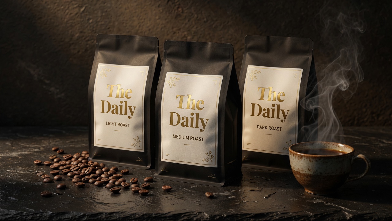 ShopCoffee's three Daily roasts — Light, Medium, Dark — on dark stone with a steaming cup and scattered beans