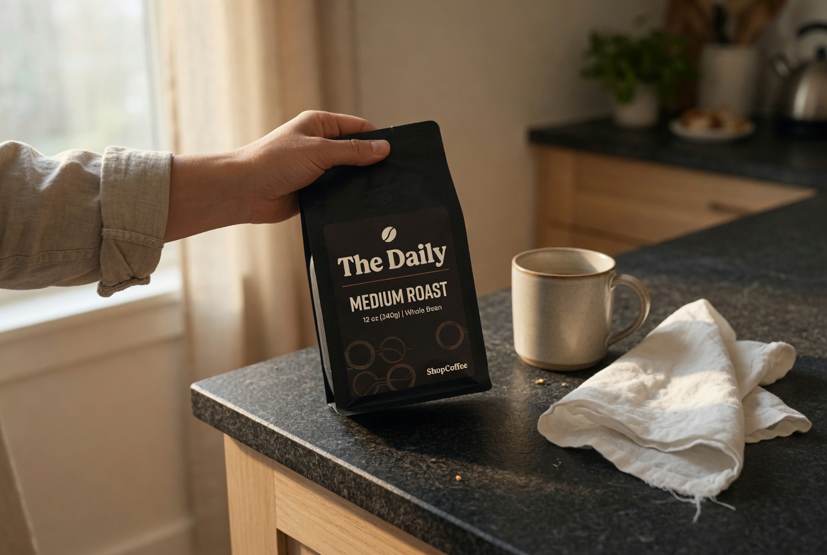 A hand holding The Daily · Medium Roast bag on a kitchen counter in morning light