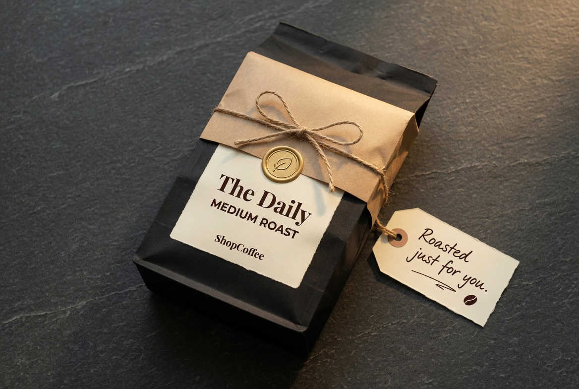 A ShopCoffee 'The Daily · Medium Roast' bag wrapped in unbleached kraft paper with a twine bow and a handwritten tag reading 'Roasted just for you'