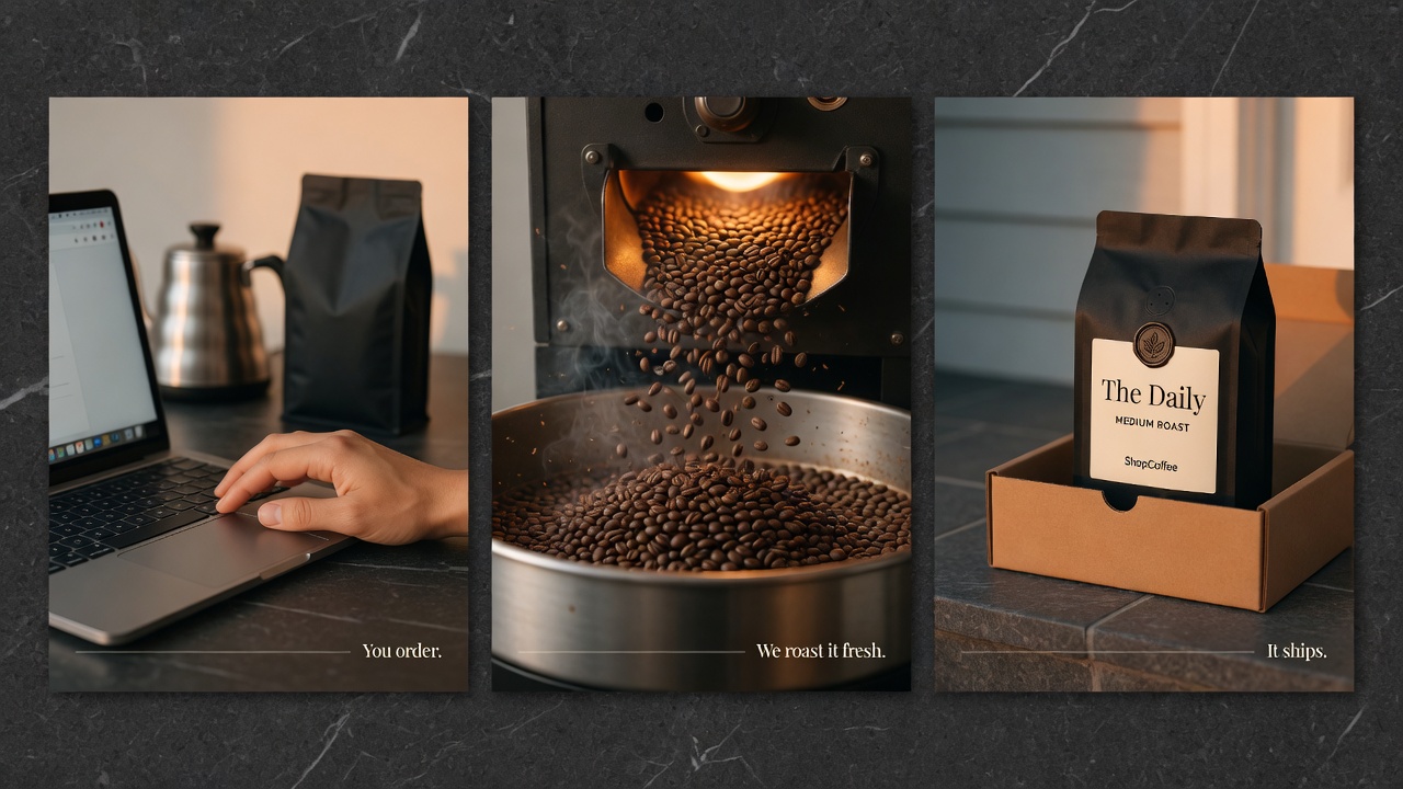 Three-panel sequence — a hand on a laptop trackpad with a Daily bag and kettle (You order.), roasted beans cascading from a drum roaster into a metal tray (We roast it fresh.), a Daily Medium bag sitting in an open kraft shipping box on a doorstep (It ships.)