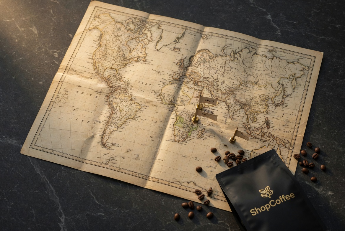 An antique world map on dark stone with three brass pins marking Ethiopia (LIGHT), Tanzania (MEDIUM), and Sumatra (DARK), with scattered roasted coffee beans and a ShopCoffee bag at the edge