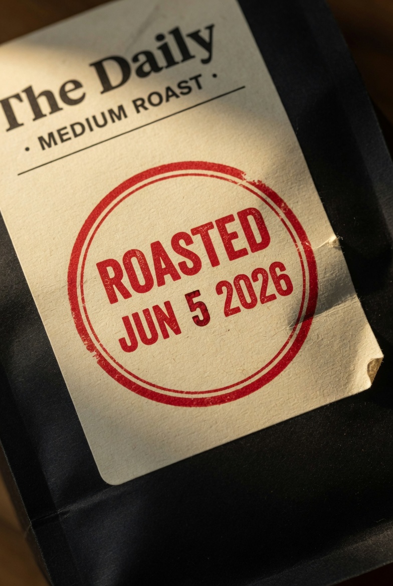 Macro closeup of a ShopCoffee label with a red rubber-stamp circle reading ROASTED JUN 5 2026