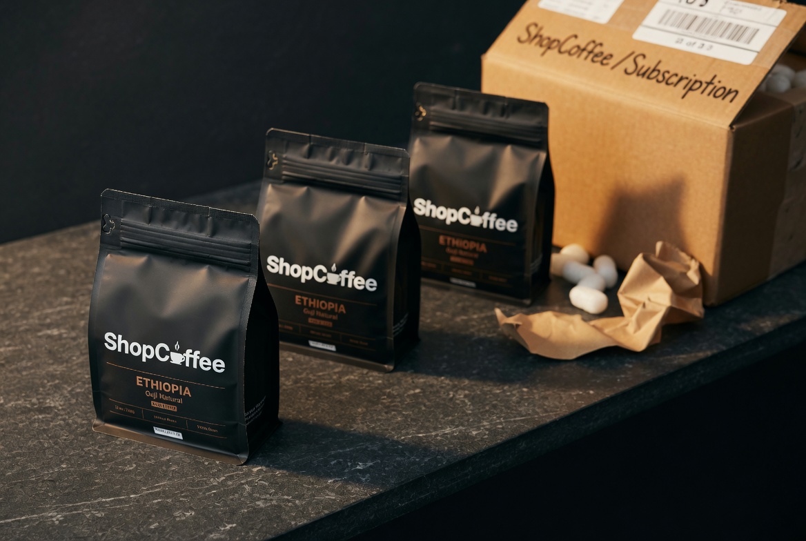 Three ShopCoffee bags receding into depth with a 'ShopCoffee / Subscription' shipping box behind them — implying the next one's already on the way