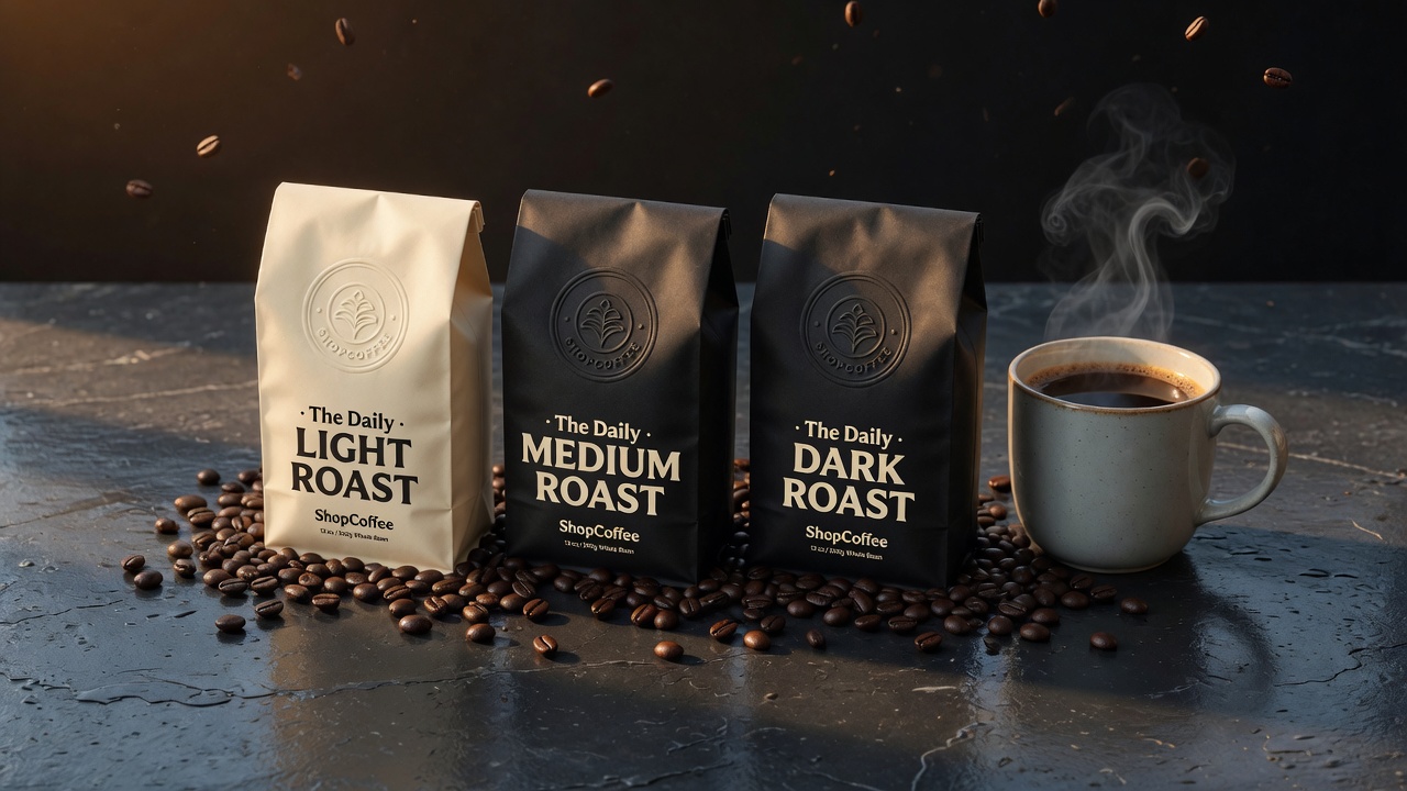 ShopCoffee's three Daily roasts — Light, Medium, Dark — on dark stone with a steaming cup and scattered beans